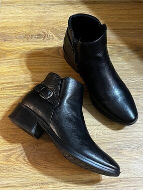 Black Leather Ankle Booties with Side Buckle